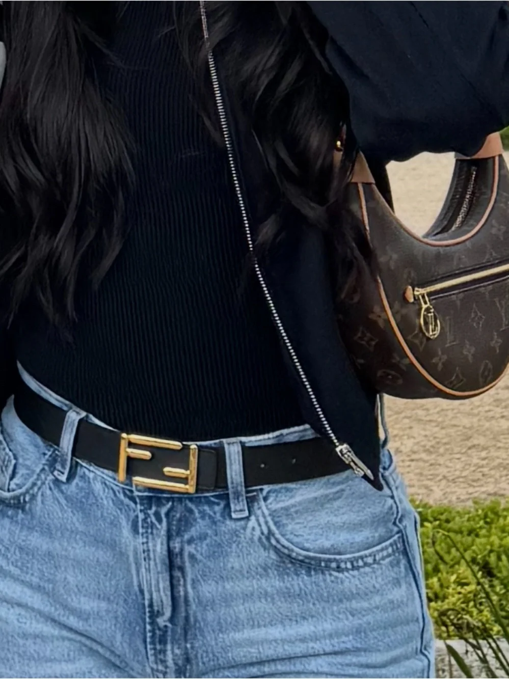 Fendi Black Leather Belt with Gold F Logo Buckle